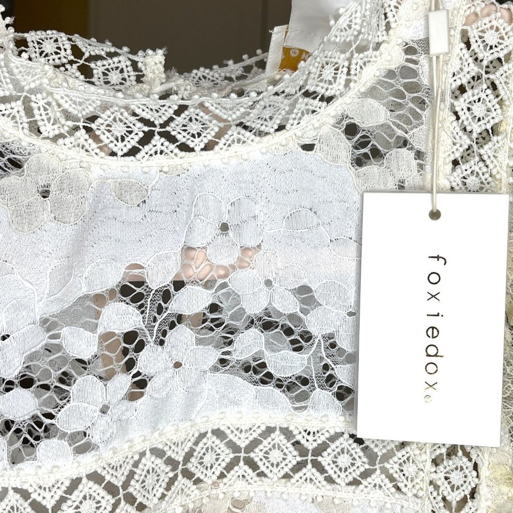 Foxiedox mini lace dress Cream Ivory White M Sleeveless Lightweight Retro - Picture 9 of 16